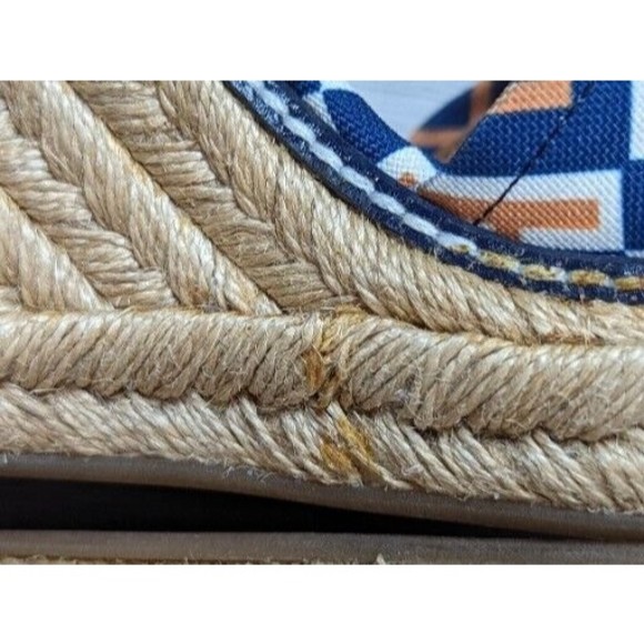TORY BURCH Orange Blue Canvas Leather Espadrille Criss Cross Strappy Wedge Heels - Picture 8 of 12